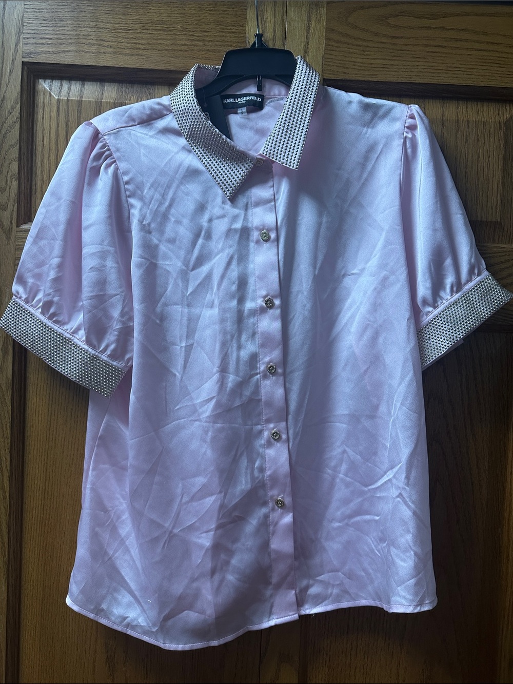 Karl Lagerfeld Light Pink Short Sleeve Button-Front Blouse with Patterned Trim